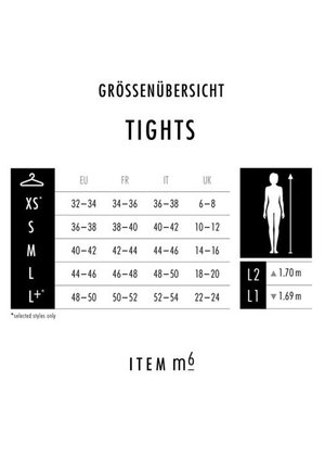 Matenoverzicht voor panty’s met EU, FR, IT en UK maten en bijbehorende lengteaanduidingen. Eenvoudig zwart-wit ontwerp met duidelijke typografie.