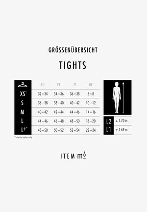 Size chart for tights listing EU, FR, IT, UK sizes with corresponding height indicators. Simple black and white design with clear typography.