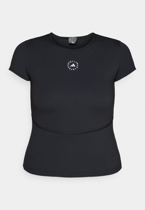 Zwarte sportshirt met korte mouwen, met een ronde halslijn en een cirkelvormig wit logo op de borst. Glad, rekbaar materiaal.