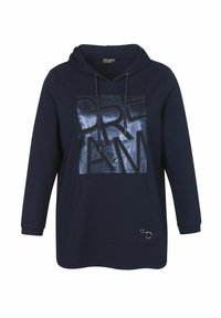 Marineblaues Hoodie mit einem großen, glänzenden "DREAM"-Grafik. Verfügt über eine Fronttasche, eine Kapuze mit Zugband und ein dekoratives silbernes Ringdetail.