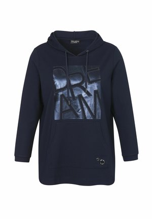Navy hoodie with a large, glossy "DREAM" graphic. Features a front pocket, drawstring hood, and a decorative silver ring detail.