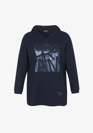 Marineblauwe hoodie met een grote, glanzende "DREAM" opdruk. Voorzien van een voorzak, een capuchon met trekkoord en een decoratieve zilveren ringdetail.