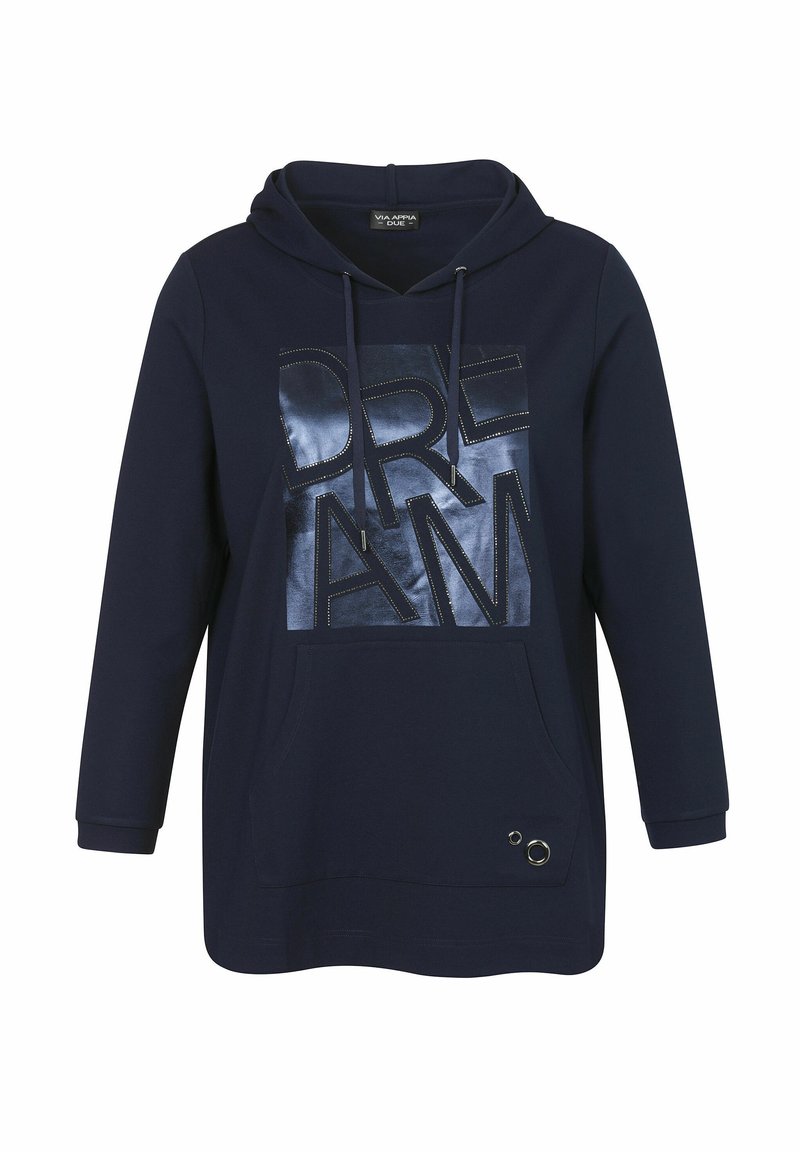 Marineblaues Hoodie mit einem großen, glänzenden "DREAM"-Grafik. Verfügt über eine Fronttasche, eine Kapuze mit Zugband und ein dekoratives silbernes Ringdetail.
