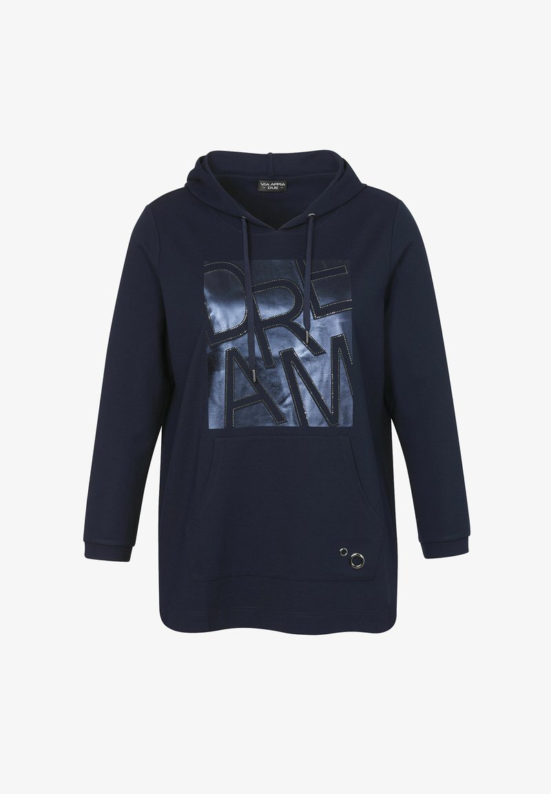 Marineblaues Hoodie mit einem großen, glänzenden "DREAM"-Grafik. Verfügt über eine Fronttasche, eine Kapuze mit Zugband und ein dekoratives silbernes Ringdetail.