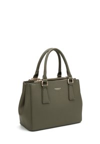 Borsa a tracolla in finta pelle verde oliva con trama, dotata di doppio manico superiore e accessori in tonalità oro; presenta una chiusura con zip e dettaglio del logo in rilievo.