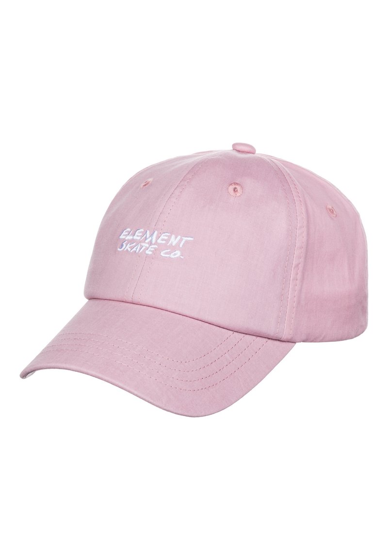 Roze katoenen baseballpet met geborduurd "ELEMENT SKATE CO." logo in het wit, voorzien van een gebogen klep en een verstelbare strap.