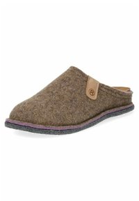 Pantofola in feltro marrone con punta arrotondata, dettaglio in pelle e cuciture viola su una suola grigio scuro. Texture morbida, progettata per uso interno.