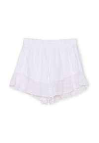 Pantalones cortos blancos de algodón con un dobladillo con volantes, patrones de ojales y una cintura elástica. Diseño ligero y transpirable para mayor comodidad.