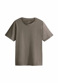 Lühikeste varrukatega T-särk tuhmis taupe värvitoonides, pehmest kangast, ümarate kaeluste ja puhaste servadega.