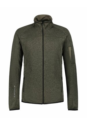 Herenjas met rits in donker olijfgroen. Textuurbare stof met zijzakken en contrasterende rits. Voorzien van een hoge kraag en een aansluitend ontwerp.