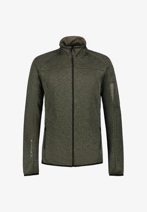 Giacca da uomo con zip in verde oliva scuro. Tessuto strutturato con tasche laterali e cerniera a contrasto. Presenta un colletto alto e un design aderente.
