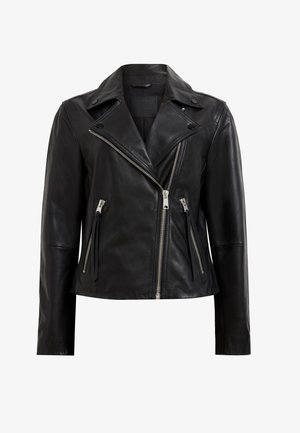 Giubbotto da moto in pelle nera con colletto a risvolto, zip frontale asimmetrica e tasche laterali con zip. Texture liscia e design aderente.