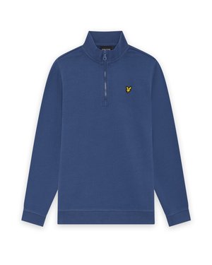 Blauwe pullover met lange mouwen, een rits tot een kwart van de voorkant en een klein geel vogel-logo op de linkerborst.