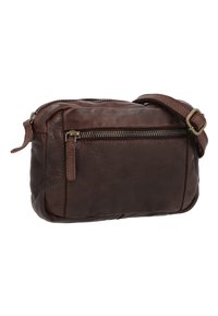 Brown leather crossbody bag with a textured surface, zippered front pocket, and adjustable strap. Compact rectangular shape.