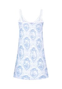 White tank dress with a blue ornate floral pattern, featuring thin straps and intricate detailing along the neckline. Soft cotton material.