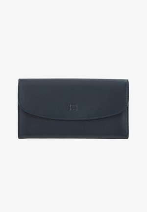 Portafoglio in pelle blu navy con texture liscia, chiusura a pattina e logo impresso. Forma rettangolare con bordi cuciti e senza hardware visibile.