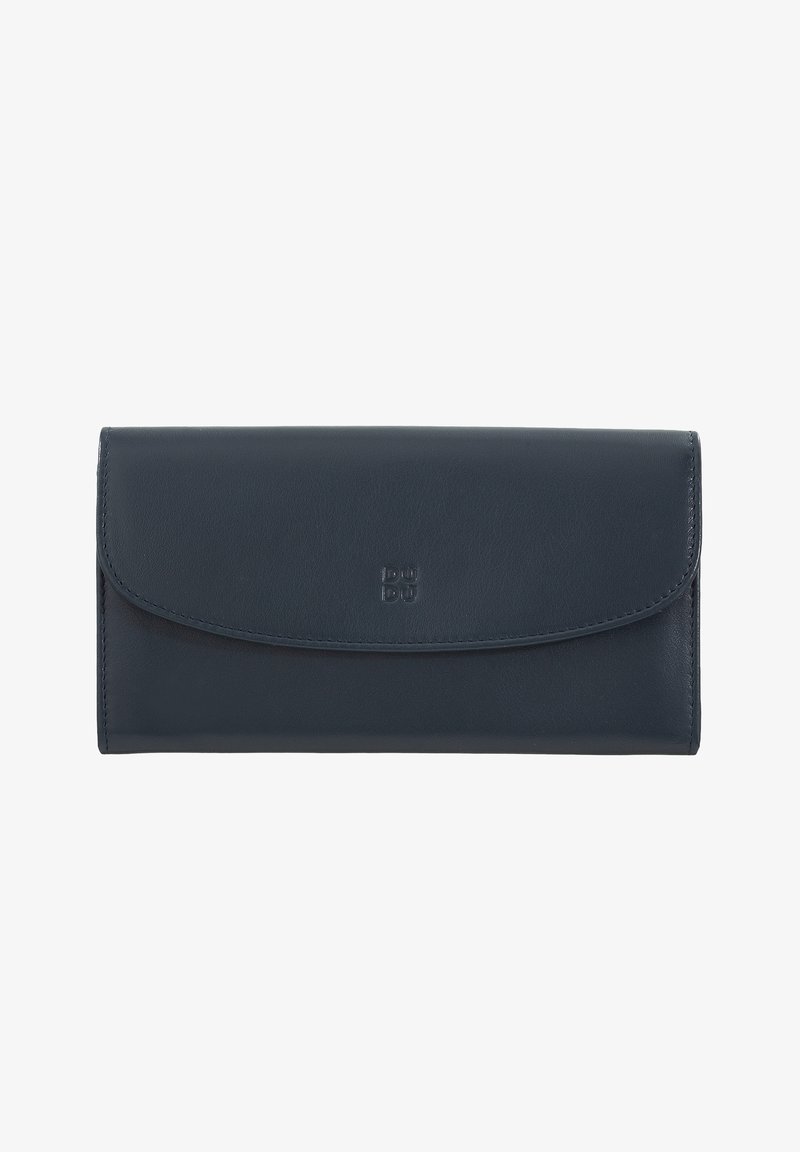 Navy blue leather wallet with a smooth texture, flap closure, and embossed logo. Rectangular shape with stitched edges and no visible hardware.