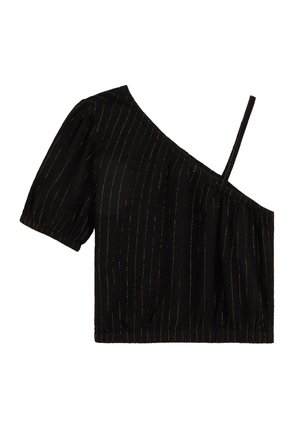 Fekete, rövidített top vékony arany függőleges csíkokkal, egy fodros rövid ujjal és egy vékony vállpánttal.