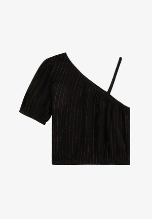 Must cropped-top, mille õhukeste kuldsete vertikaalsete triipudega, üks lühike pihikvarrukas ja õhuke õlapael.