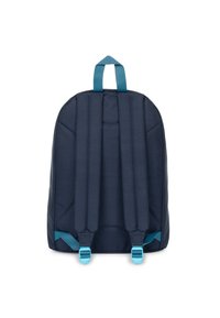 Zaino navy con schienale imbottito, spallacci regolabili e dettagli turchesi. Presenta una maniglia superiore e un tessuto testurizzato.