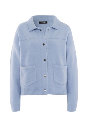 Light blue knitted cardigan with a collar, front button closure, ribbed hem, and two patch pockets. Soft texture and relaxed fit.
