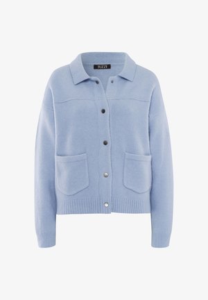Light blue knitted cardigan with a collar, front button closure, ribbed hem, and two patch pockets. Soft texture and relaxed fit.