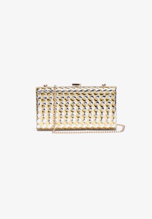 Metallic gold rectangular clutch with a woven texture, featuring a chain strap and a clasp closure. The surface reflects light, creating shine.