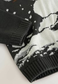 Strickpullover in Dunkelgrau mit einem weißen und hellgrauen Wintermuster. Gerippte Bündchen und Saum; weiche Textur mit einer lockeren Passform.