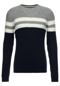 Strickpullover mit rundem Hals, langen Ärmeln und einem Farbblockdesign in Grau, Weiß und Marineblau. Texturiert mit gerippten Säumen.