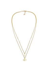 Collier à plusieurs couches de couleur or featuring un pendentif en forme d'éclair et un œil avec une pierre précieuse centrale. Texture lisse, design de chaîne délicate.