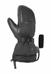 Schwarze Leder- und Stoffhandschuhe mit isoliertem Bündchen, verstellbarem Riemen und Heiztasche, ausgestattet mit einer glatten Textur und ergonomischem Design.