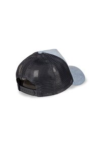 Schwarze Mesh-Cap mit hellblauem Vorderteil und Schirm. Verfügt über einen Plastik-Snapback-Verschluss für eine verstellbare Passform.