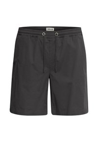 Shorts de bain noirs avec une taille élastique, une fermeture à cordon de serrage et un tissu lisse et léger. Pas de poches ni de motifs visibles.