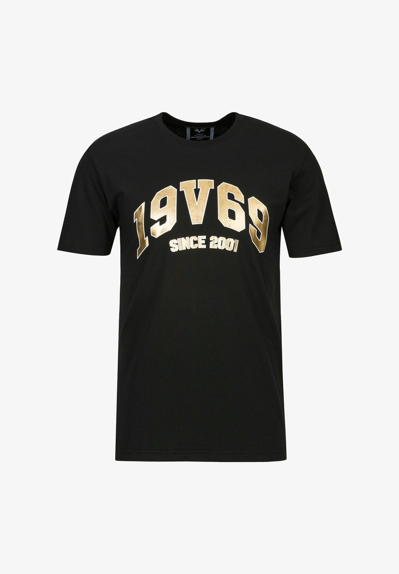 Schwarzes Baumwoll-T-Shirt mit einem goldenen Grafikdruck, der "19V69" und "SINCE 2001" in einem fetten, gebogenen Design zeigt. Kurze Ärmel, Rundhals.