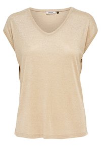 Beige kortærmet top med rund halsudskæring, afslappet pasform og subtil glimmerstof.