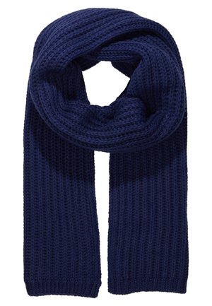 Donkerblauwe gebreide sjaal met dikke textuur en geribd patroon, opgevouwen in een lus waarbij beide uiteinden naar beneden hangen.