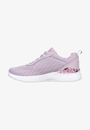 Light lavender athletic shoe with a mesh upper, white sole, and floral pattern accent on the heel. Features thick laces and a padded collar.