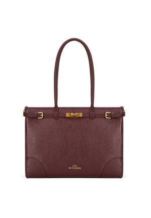 Burgundy leather handbag with dual handles, gold hardware, and a structured shape. Features a clasp closure and decorative stitching.