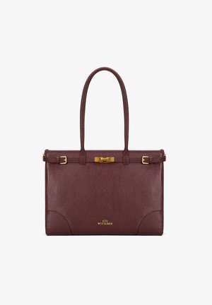 Bordeaux lederen handtas met dubbele handvaten, gouden hardware en een gestructureerde vorm. Beschikt over een sluiting met haak en decoratieve stiksels.