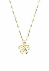 Goldkette mit einem Bogenanhänger in offenem Design und einem zentralen Edelstein. Die Kette besteht aus kleinen Gliedern, was einen zarten Eindruck vermittelt.