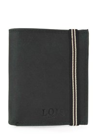 Billetera bifold negra hecha de cuero suave, con un acento de franja y un logo en relieve. Diseño compacto con bordes y costuras limpias.