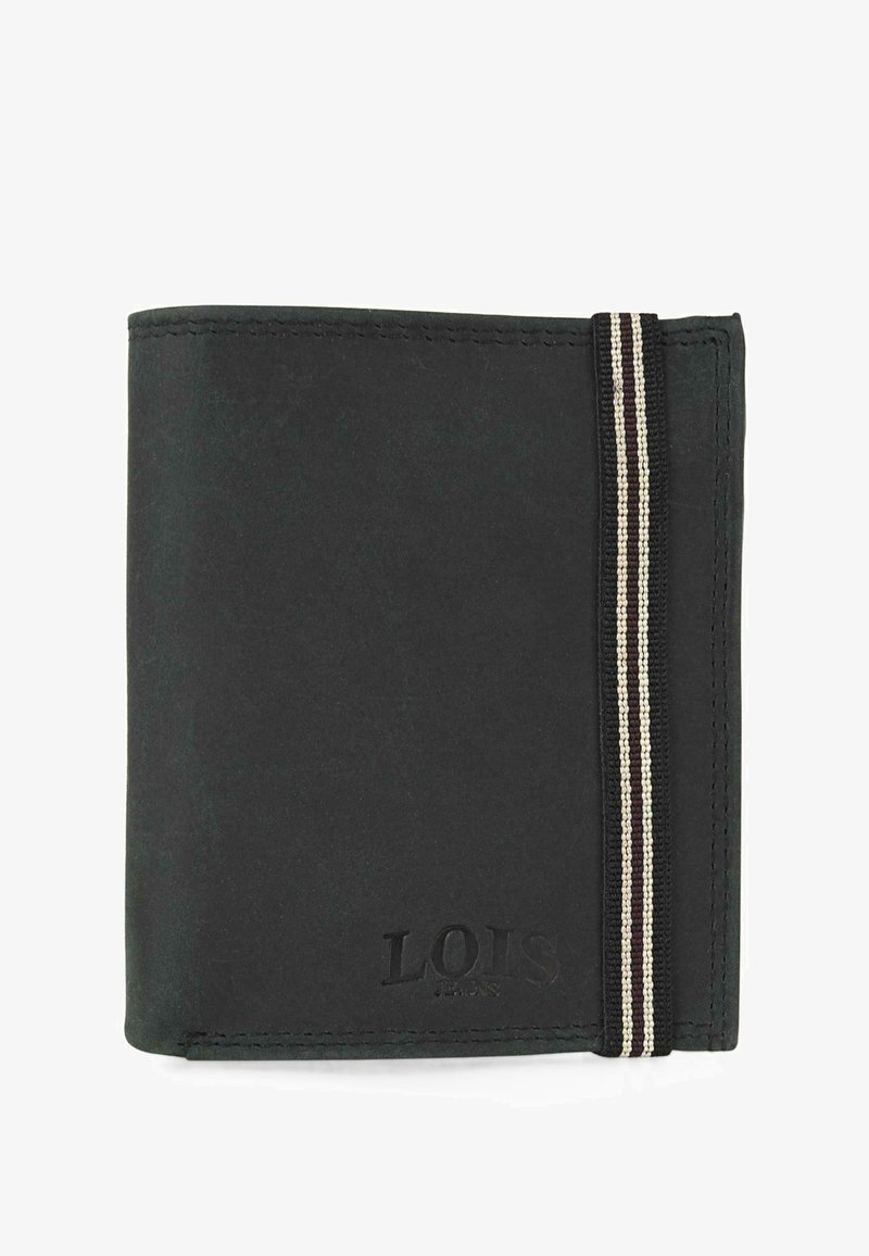 Billetera bifold negra hecha de cuero suave, con un acento de franja y un logo en relieve. Diseño compacto con bordes y costuras limpias.