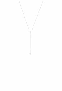 Collana con pendente in argento dal design a lariat, caratterizzata da una catena liscia, un accento geometrico centrale e un ciondolo rotondo all'estremità.
