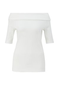 Off-the-shoulder witte top, korte mouwen, geribbelde textuur, getailleerd ontwerp, naadloze halslijn en geen zichtbare hardware of accenten.