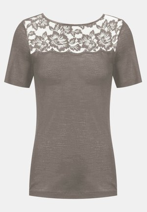 Short-sleeve top in taupe with a textured body and floral lace panel across the shoulders, featuring a rounded neckline.