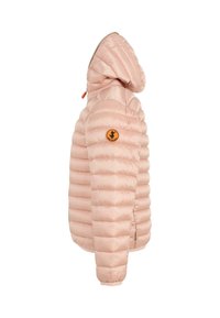 Giacca trapuntata leggera rosa con cappuccio, caratterizzata da una texture trapuntata, un logo circolare sulla manica e una zip con tirante regolabile.