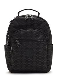 Black fabric backpack with geometric pattern, zippered main compartment, front pocket, and a top handle. Features silver hardware accents.