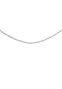 Zilveren ketting met ovale schakels, een gladde textuur en een uniforme glans. Het ontwerp heeft gelijkmatig verdeelde, langwerpige vormen.