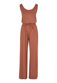 Rustfarget jumpsuit laget av mykt stoff. Har scoop-hals, er uten ermer, og har en snor i midjen med vide bukser.
