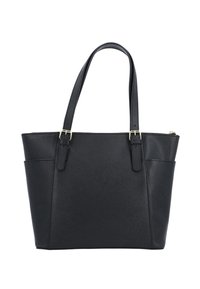 Czarna skórzana torba tote z dwoma regulowanymi paskami na ramię i bocznymi kieszeniami, o fakturowanej powierzchni i detalach w kolorze złotym w postaci klamry.